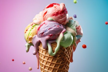 Ice cream in waffle cone with splashes of multicolored ice cream on blue backgroundの素材