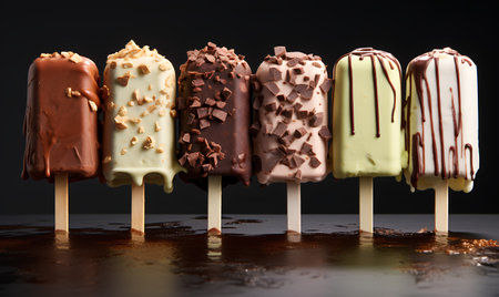 Chocolate and vanilla ice cream popsicles on a dark background.の素材