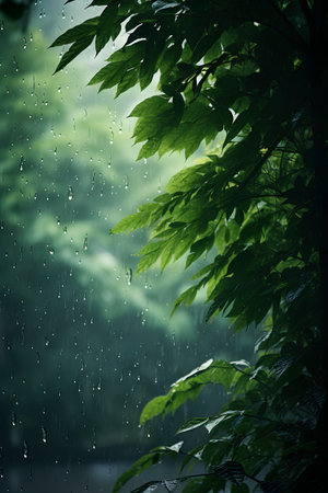 Rain on the leaves of trees in the rain. Rainy day.の素材