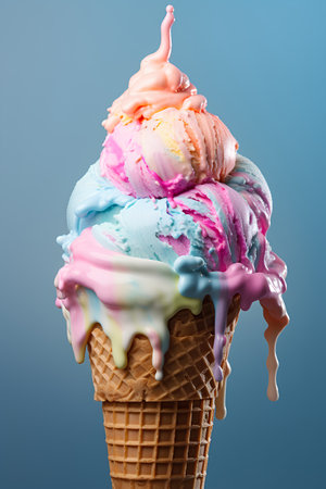 Colorful ice cream in waffle cone on blue background, close upの素材