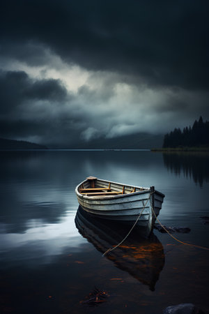 Fishing boat on the shore of lake. Dramatic sky.の素材