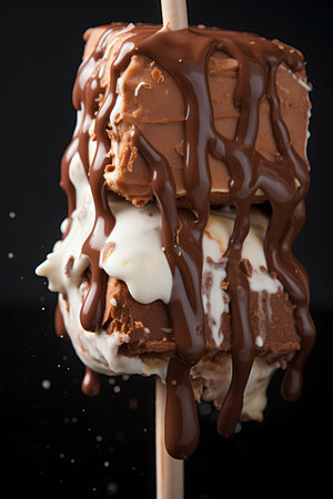 Chocolate ice cream stick with melted chocolate on a dark background.の素材
