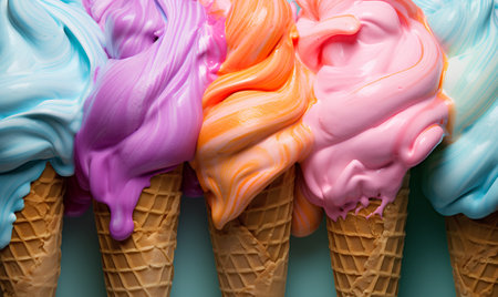 Colorful ice creams in waffle cones on blue background.の素材