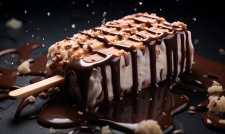 Chocolate ice cream with splashes on black background, closeupの素材