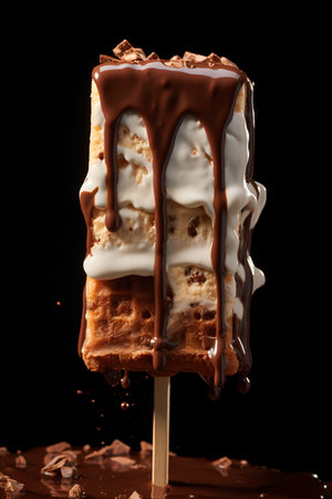 Chocolate ice cream on a stick, isolated on black background.の素材
