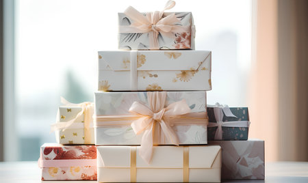 Stack of gift boxes with ribbons on blurred background. Holiday conceptの素材