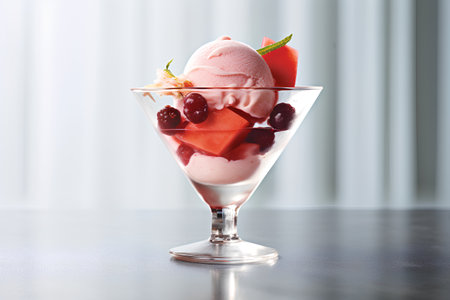 Delicious ice cream with fresh fruits and berries in glass on tableの素材