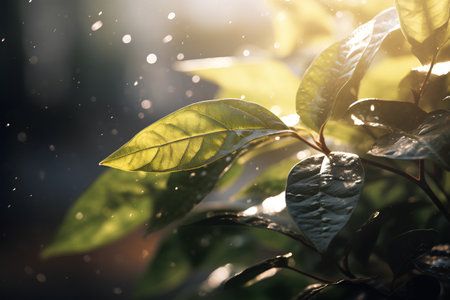 Green leaves with water drops in the morning sunlight. Nature background.の素材