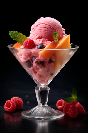 Delicious ice cream with fruits and berries in glass bowl on black backgroundの素材