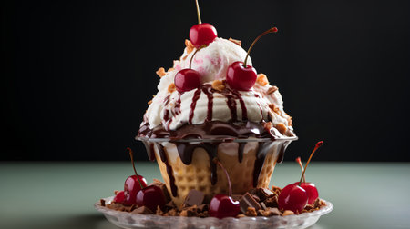 Chocolate ice cream with whipped cream and cherries on a dark backgroundの素材