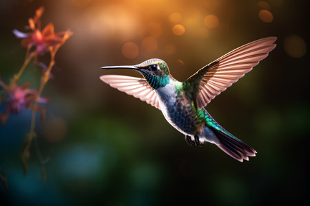 Hummingbird in flight with flower and bokeh background.の素材