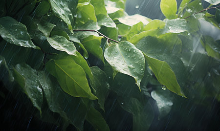 Rain drops on green leaves. Rainy day in rainy season.の素材