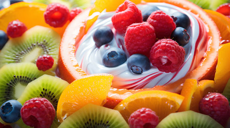 Fresh fruit salad with whipped cream and berries, closeup, horizontalの素材