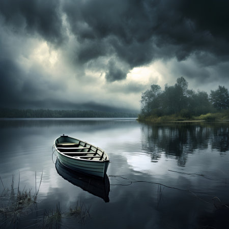 Fishing boat on the lake under dark clouds. Nature composition.の素材