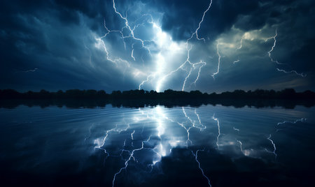 Thunderstorm over the lake in the forest at night, abstract backgroundの素材
