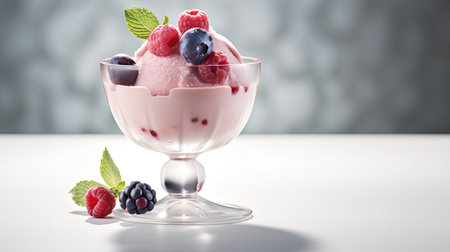 Ice cream with berries in a glass on a gray background, selective focusの素材
