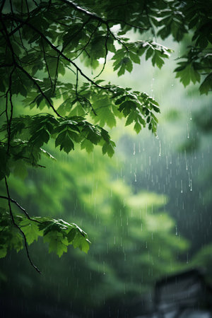 Fresh green leaves with rain drops in the forest. Nature background.の素材