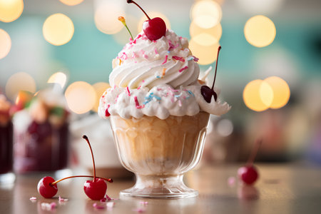 Vanilla ice cream with cherry in a glass on the background of bokehの素材
