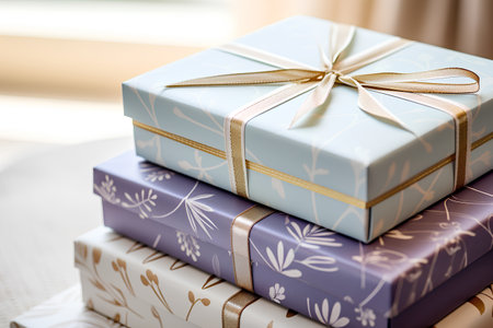 Gift boxes on a table in the living room at home.の素材