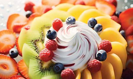Fruit cake with whipped cream and fresh berries, closeup viewの素材