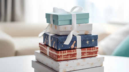 Stack of colorful gift boxes on the table in the living room.の素材