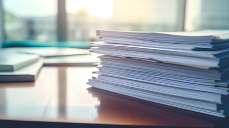 Stack of documents on office desk, Stack of business papers on office table.の素材