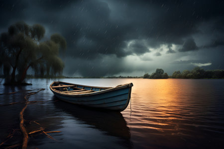 Fishing boat on the lake at night, 3d render.の素材