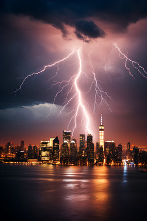 New York City skyline with lightning over Hudson River at sunset, USA.の素材