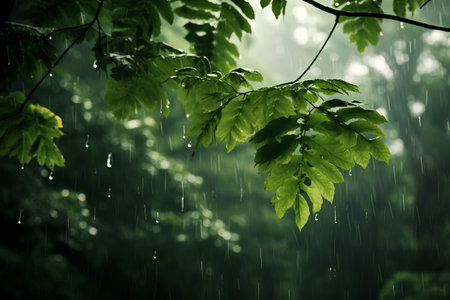 Fresh green leaves with rain drops in the forest, nature background.の素材