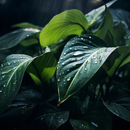 Green leaves with drops of dew in the rain. Nature backgroundの素材