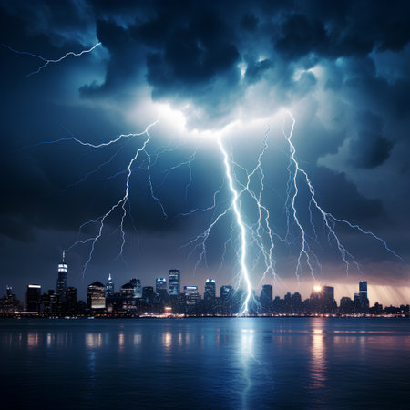 Dramatic stormy sky over cityscape with lightning and riverの素材