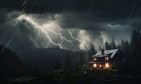 Night landscape with a wooden house in the mountains and lightning in the skyの素材