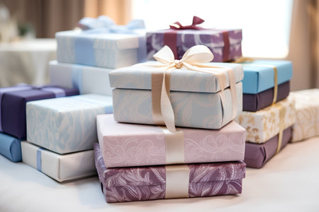 Gift boxes on the table in the living room. Selective focus.の素材