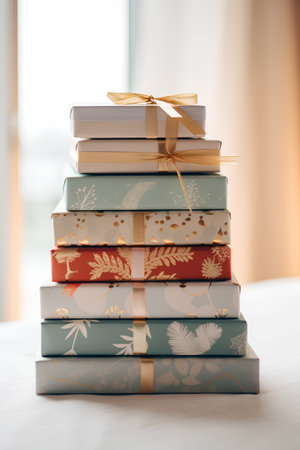 Stack of christmas gift boxes with golden ribbon and bow on tableの素材