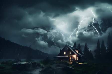 Fantastic dark stormy landscape with wooden house in the mountainsの素材