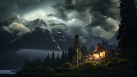 Wooden house in the mountains at night with stormy clouds.の素材