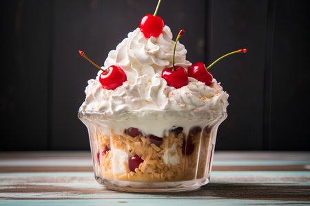 Cake with whipped cream and cherries on a wooden background.の素材