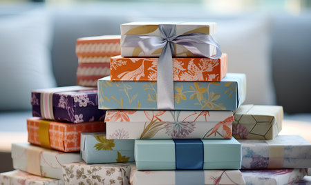 Stack of colorful gift boxes with ribbons on the table in the living roomの素材