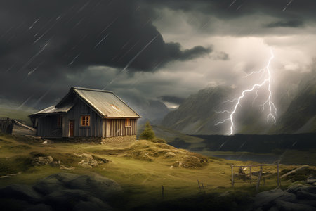 Fantasy landscape with a wooden house in the mountains and lightning.の素材