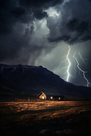 Thunderstorm over the village in the mountains. Elements of this image furnished by NASAの素材