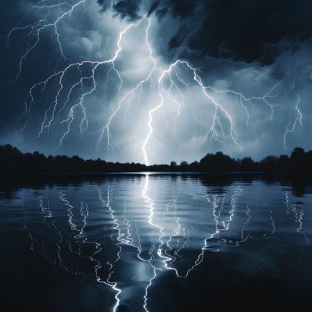 Thunderstorm over the lake with lightning in the night. Collage.の素材
