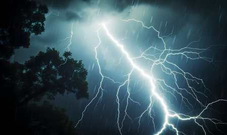 Lightning strike in the night sky with clouds and trees. 3D illustrationの素材
