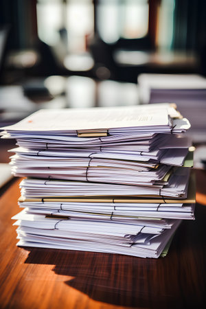 Pile of unfinished documents on office desk, Stack of business papersの素材