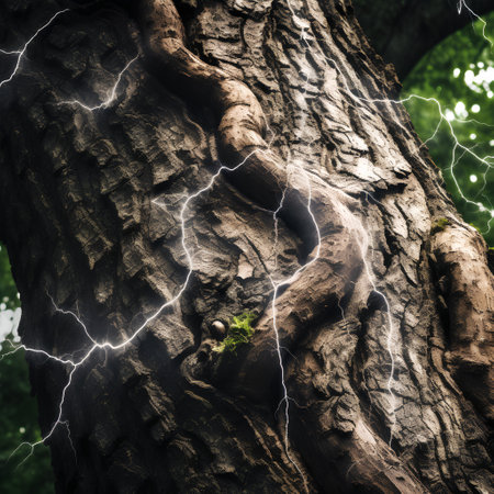Lightning strikes through the branches of an old tree in the forestの素材