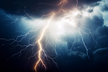 Lightning in the dark stormy sky. Thunderstorm. Vector illustrationの素材