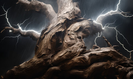Lightning over a dead tree in the rain. 3d renderの素材