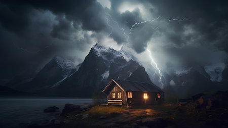 Wooden house in the mountains at night with stormy clouds.の素材