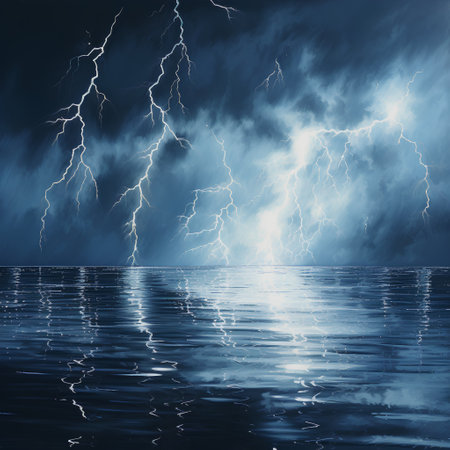 Lightning in the sky over the sea. 3D illustration.の素材