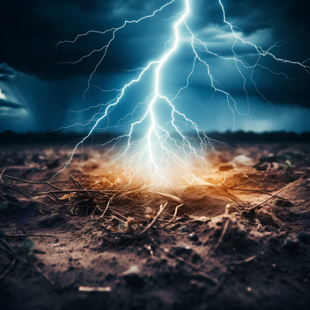 Conceptual image of lightning strike in dark stormy sky.の素材