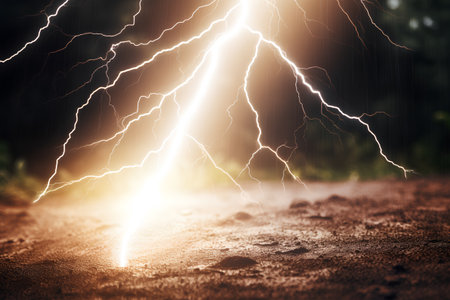 Lightning strike on the ground. Thunderstorm. Abstract background.の素材